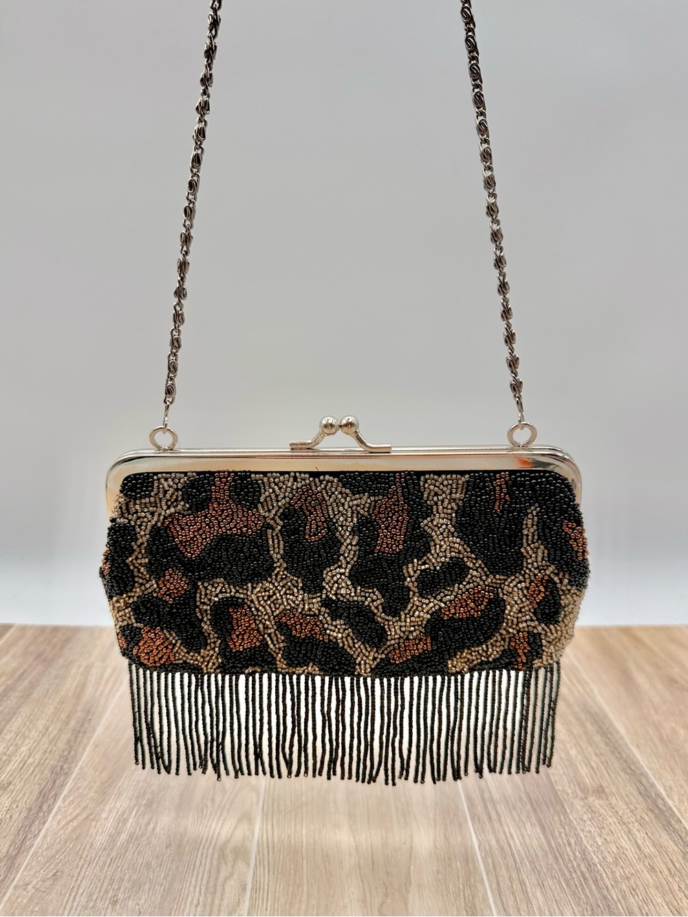 VTG 90s XOXO Beaded Cheetah Leopard Print Fringe Evening Bag w/ Chain Strap Y2K
